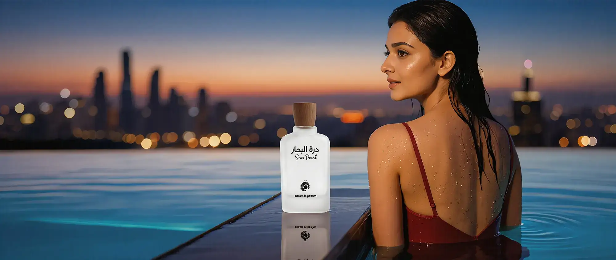 Seas Pearl by Kolmaz on the edge of a rooftop pool at dusk, city lights behind